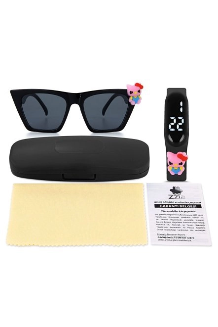 Uv400 Korumalı Çocuk Güneş Gözlüğü 50M Su Geçirmez Çocuk Kol Saati Renkli Kutu Hediyeli Si̇yah 211-219-Si̇yah-[Ki̇ty-Pembe]