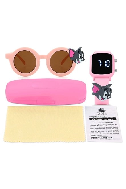 Uv400 Korumalı Çocuk Güneş Gözlüğü 50M Su Geçirmez Çocuk Kol Saati Renkli Kutu Hediyeli Pembe 213-214-Pembe-[ Tom-Pembe ]