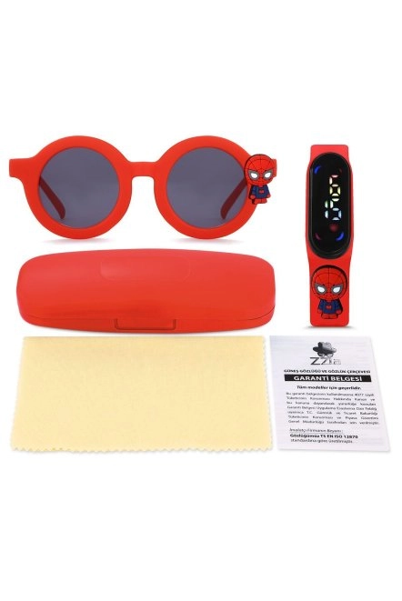 Uv400 Korumalı Çocuk Güneş Gözlüğü 50M Su Geçirmez Çocuk Kol Saati Renkli Kutu Hediyeli Kirmizi 213-219-Kirmizi-[Örümcek]