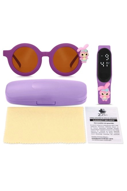 Uv400 Korumalı Çocuk Güneş Gözlüğü 50M Su Geçirmez Çocuk Kol Saati Renkli Kutu Hediyeli Mor 213-219-Mor-[Tavşan-Pembe]