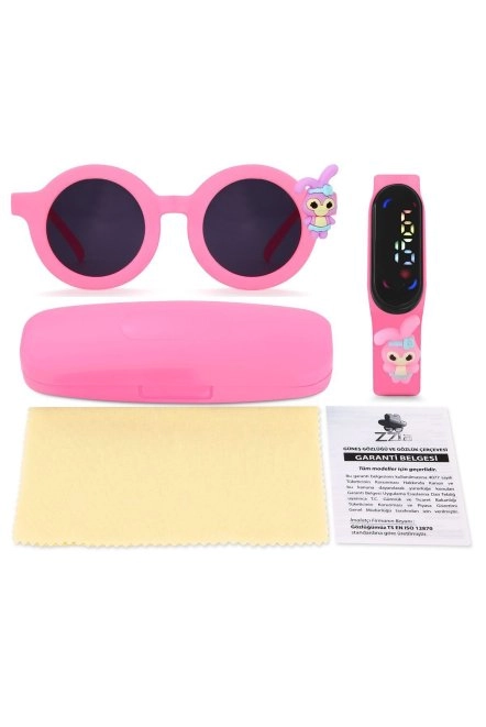 Uv400 Korumalı Çocuk Güneş Gözlüğü 50M Su Geçirmez Çocuk Kol Saati Renkli Kutu Hediyeli Pembe 213-219-Pembe-[Tavşan-Pembe]