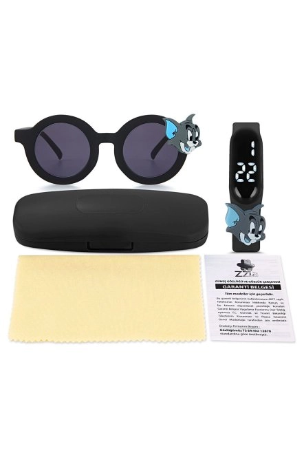 Uv400 Korumalı Çocuk Güneş Gözlüğü 50M Su Geçirmez Çocuk Kol Saati Renkli Kutu Hediyeli Si̇yah 213-219-Si̇yah-[ Tom-Mavi̇ ]