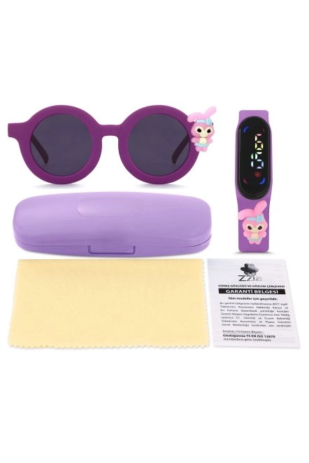 Uv400 Korumalı Çocuk Güneş Gözlüğü 50M Su Geçirmez Çocuk Kol Saati Renkli Kutu Hediyeli Mor Zzla-213-Mor-Gözlük-Si̇yah-Cam-219-Saat-Pembe-Mi̇ki̇