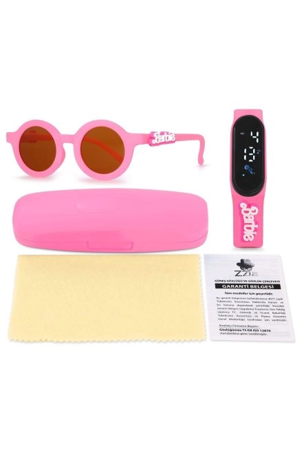 Uv400 Korumalı Çocuk Güneş Gözlüğü 50M Su Geçirmez Çocuk Kol Saati Renkli Kutu Hediyeli Pembe Zzla-213-Pembe-Gözlük-Si̇yah-Cam-219-Saat-Pembe-Barbi̇e