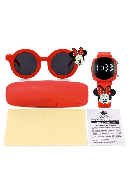 Uv400 Korumalı Çocuk Güneş Gözlüğü 50M Su Geçirmez Çocuk Kol Saati Renkli Kutu Hediyeli Kirmizi Zzla-218-Kirmizi-Gözlük-Saat-Kirmizi-Mi̇ki̇