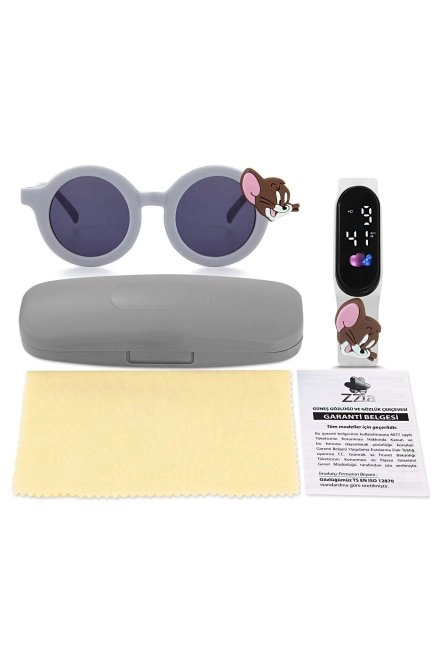 Uv400 Korumalı Çocuk Güneş Gözlüğü Dokunmatik Kol Saati Renkli Kutu Gri 213-219-Gri̇-[ Jery-Pembe ]